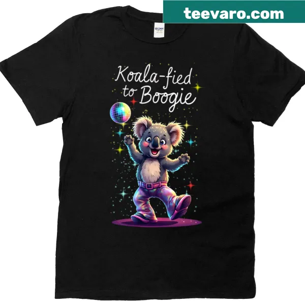 Cartoon disco koala dancing under a disco ball with sunglasses