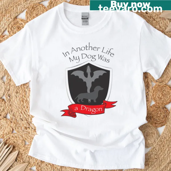 Cartoon dog and dragon mashup in a humorous design on a t-shirt.