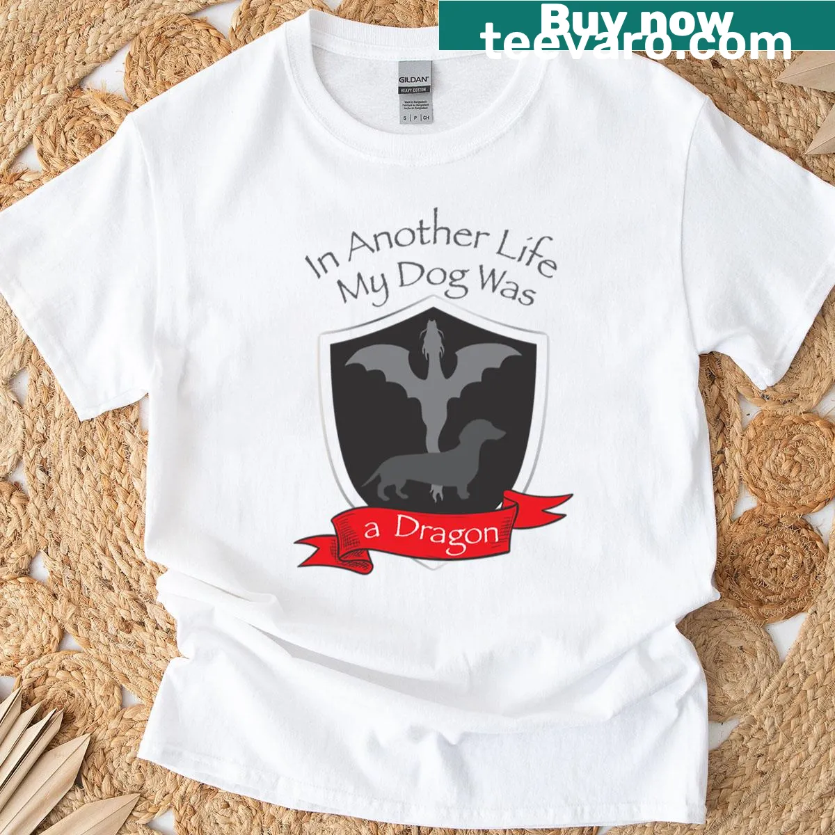 Cartoon dog and dragon mashup in a humorous design on a t-shirt. — on a men's t-shirt