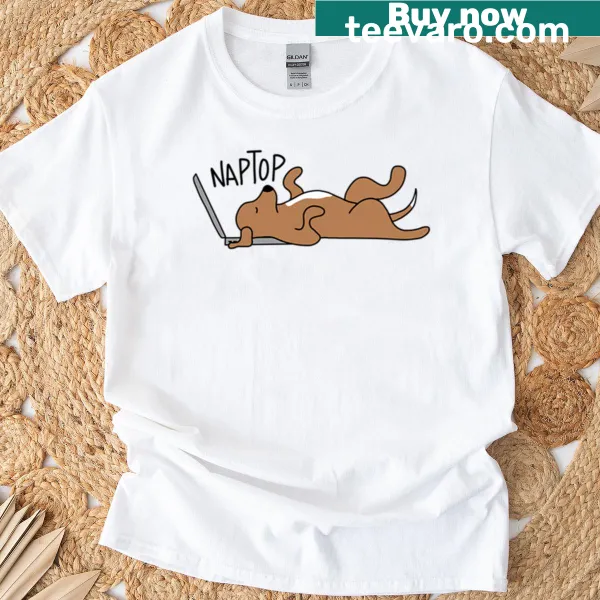 Illustration of a dog napping on a laptop on a T-shirt