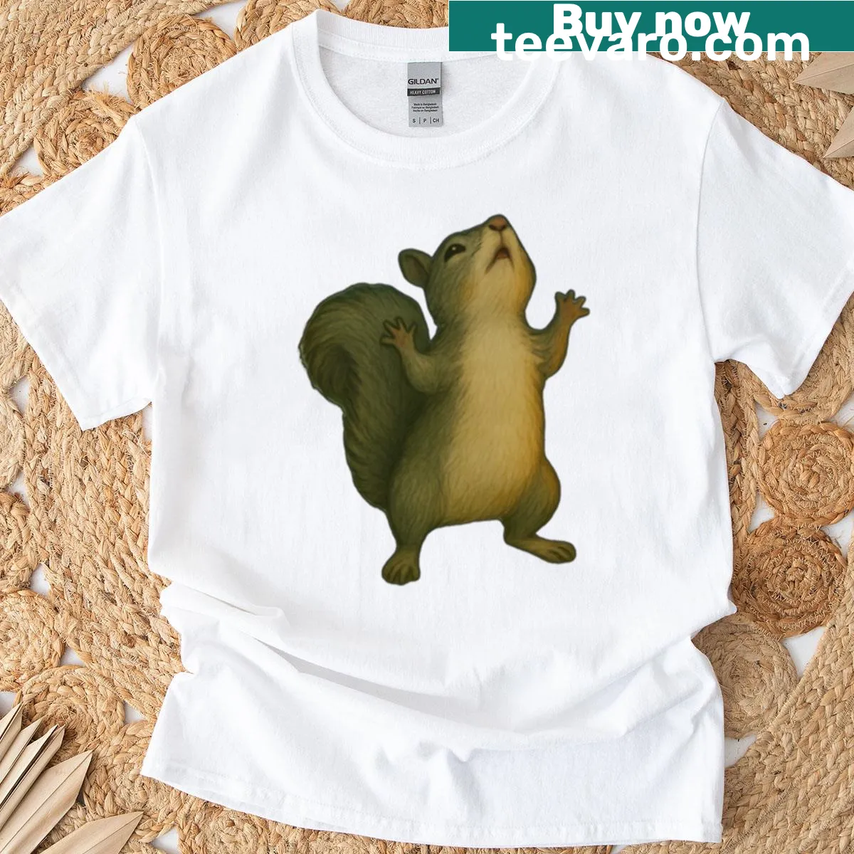 Illustration of a dramatic squirrel in a forest setting — on a men's t-shirt
