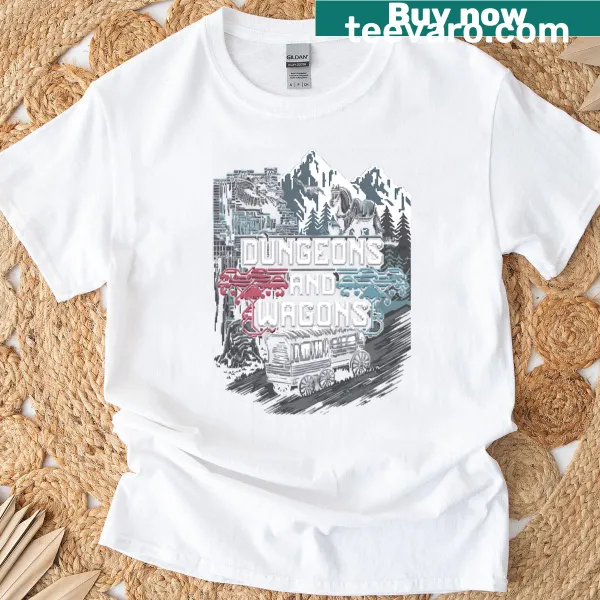 Oversized tee with retro pixel art of wagons and fantasy elements