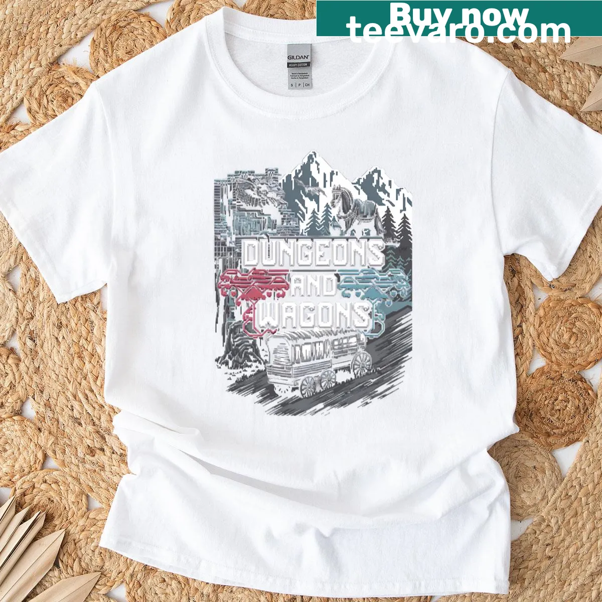 Oversized tee with retro pixel art of wagons and fantasy elements — on a men's t-shirt
