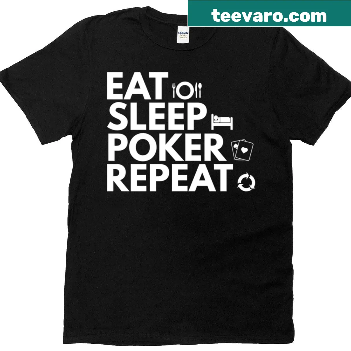 Eat Sleep Poker Repeat graphic on a Texas Holdem t-shirt — on a men's t-shirt