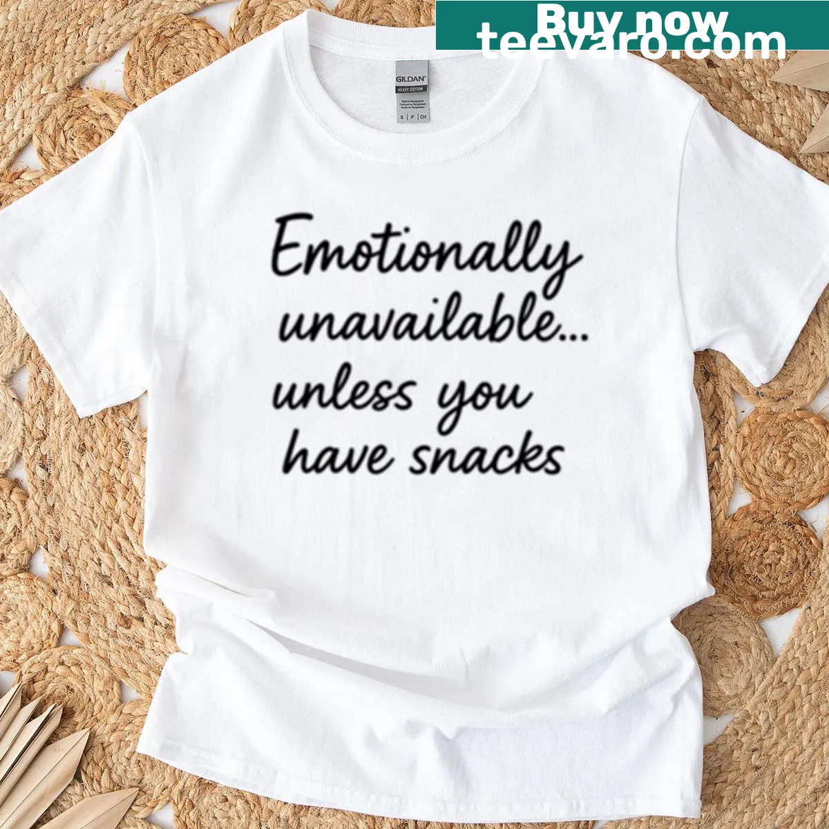 Funny t-shirt with 'Emotionally Unavailable' snack quote — on a men's t-shirt