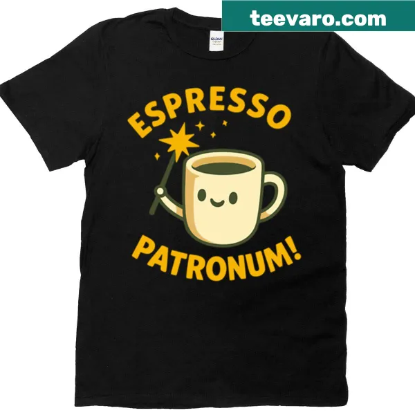 Hand-lettered Espresso Patronum design on a t-shirt