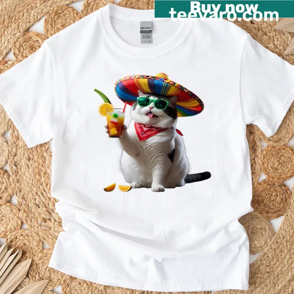 T-shirt with a festive cat wearing a sombrero and cocktail