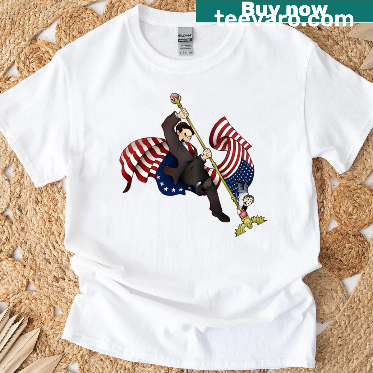 Bold graphic of flag power on fitted patriotic t-shirt — on a men's t-shirt