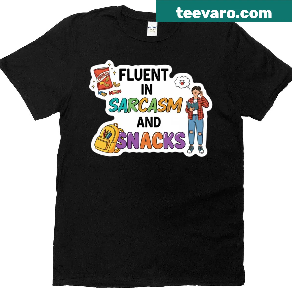 T-shirt with a humorous graphic saying 'Fluent in Sarcasm and Snacks' for students — on a men's t-shirt