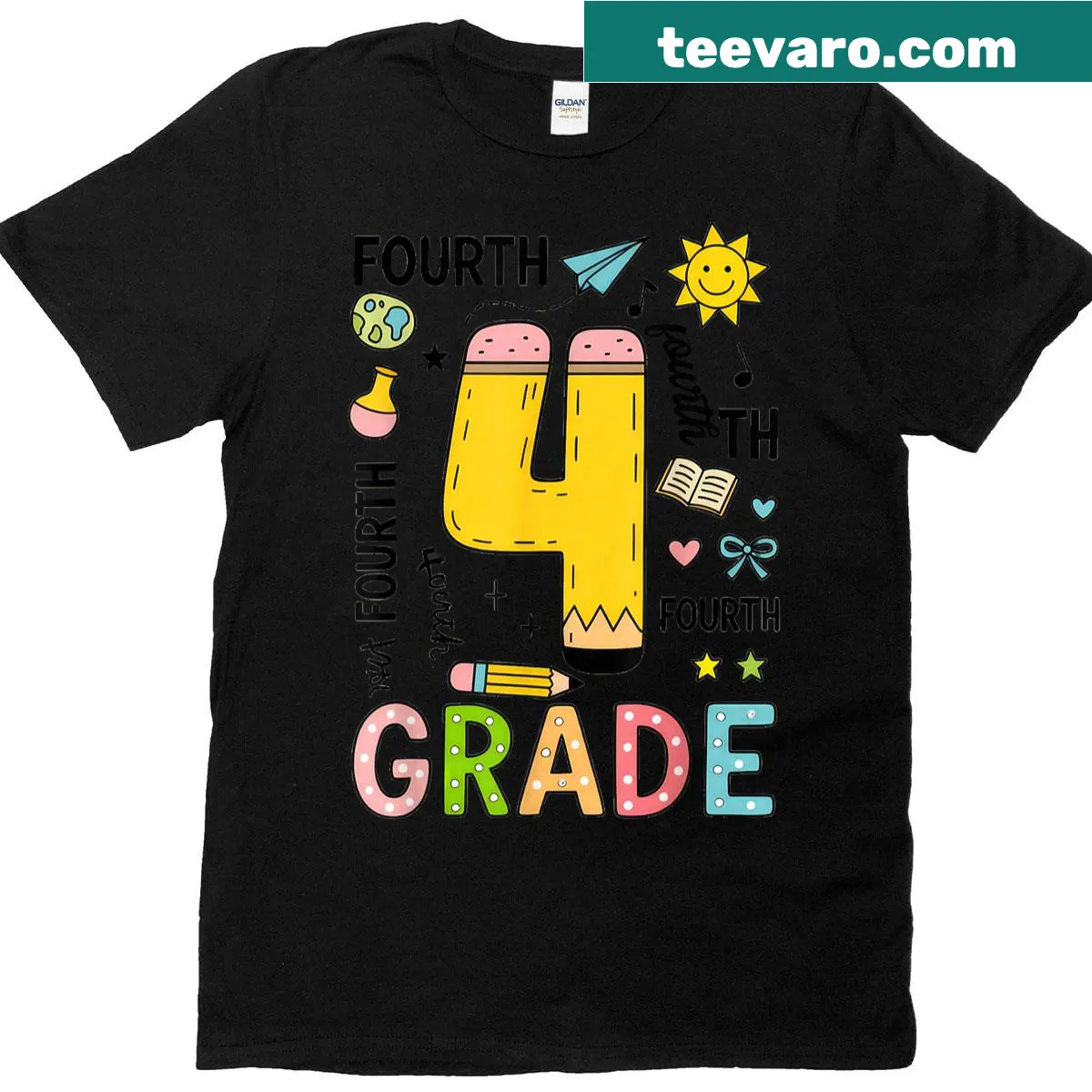 T-shirt with 'Fourth Grade Team' text and pencil graphic — on a men's t-shirt