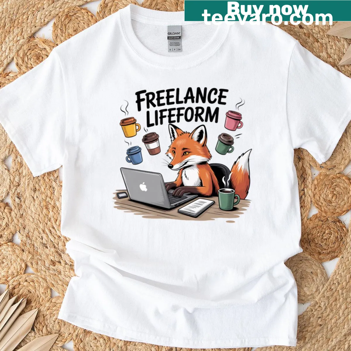Cartoon graphic of a cute fox representing freelance life — on a men's t-shirt
