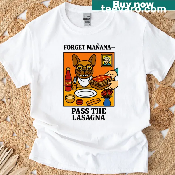 Funny French Bulldog graphic with lasagna slogan on t-shirt