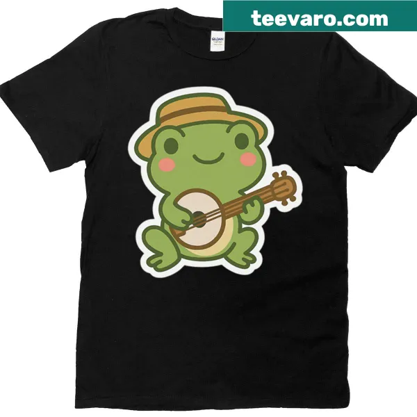 Playful frog graphic playing a banjo on a t-shirt