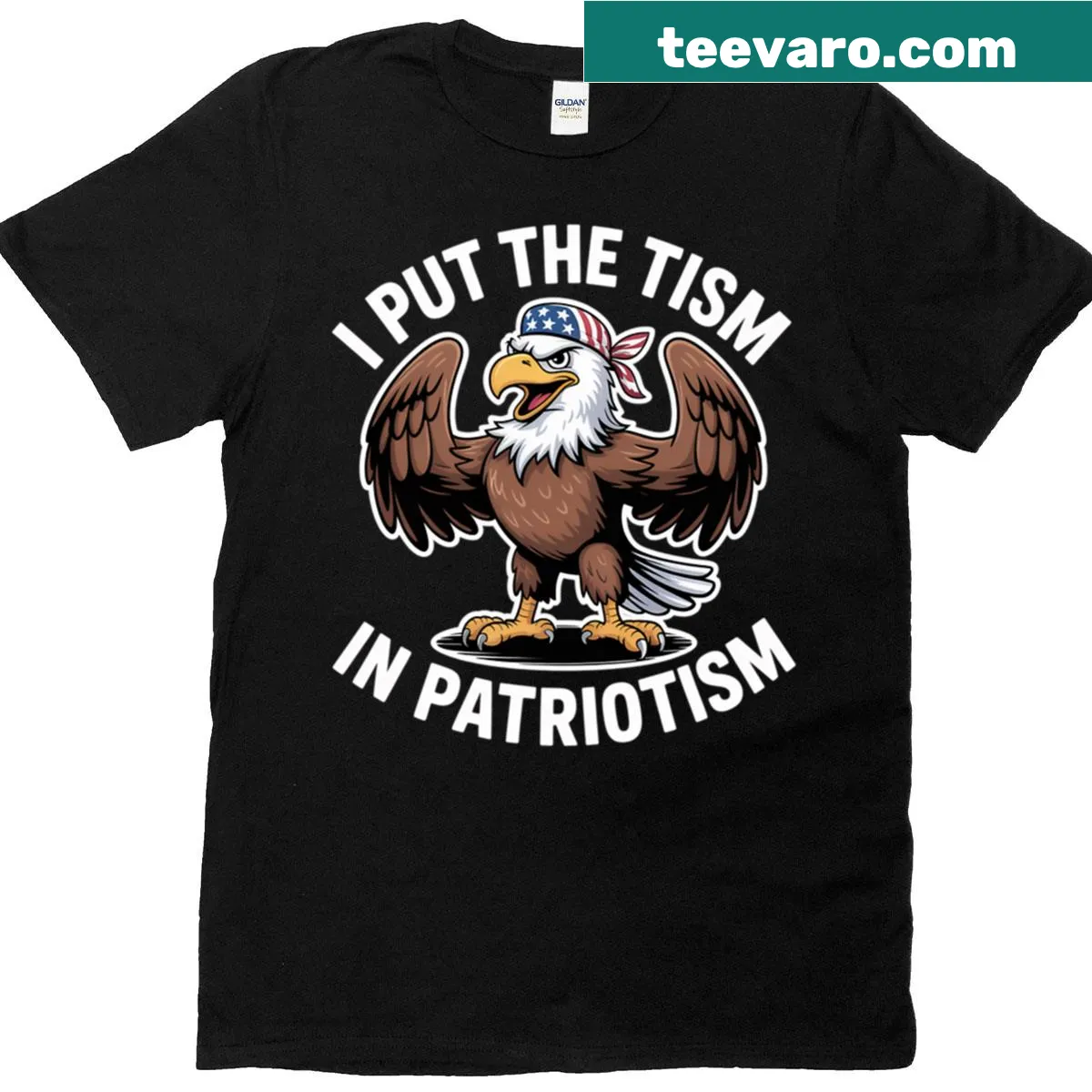 Patriotic t-shirt featuring an eagle and humor about autism. — on a men's t-shirt