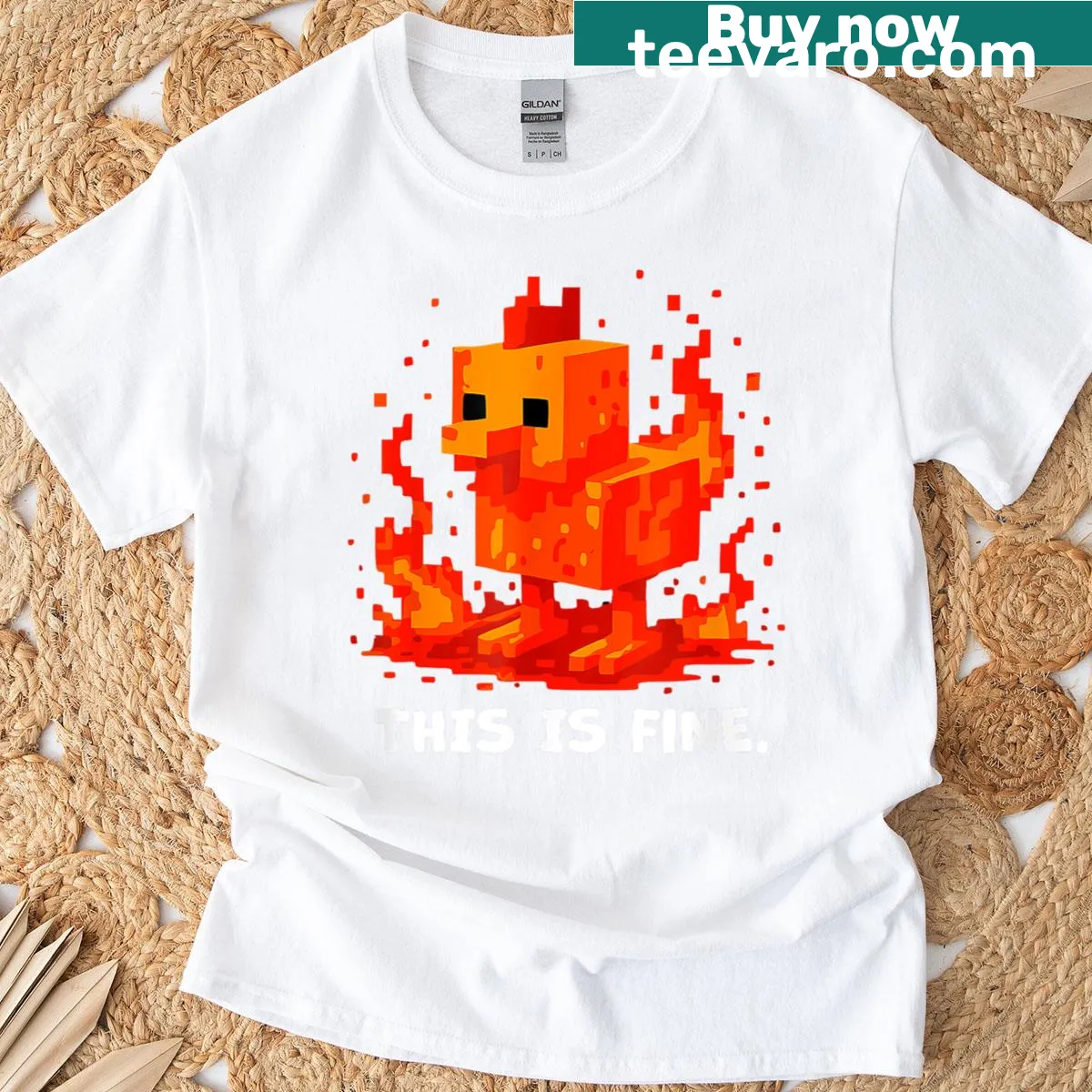 Text graphic with a humorous chicken saying, 'This Is Fine' — on a men's t-shirt