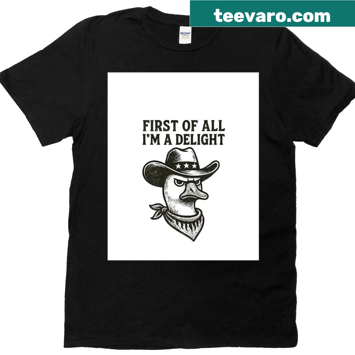 Graphic t-shirt featuring a cowboy goose with humorous text — on a men's t-shirt