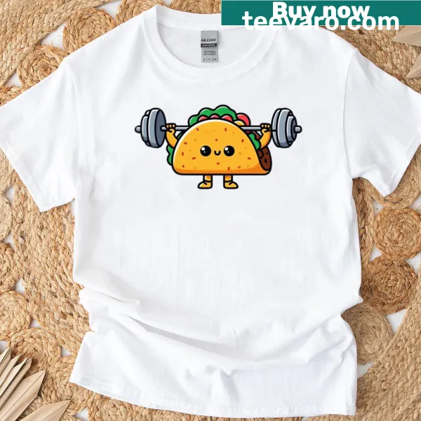 Oversized shirt with a kawaii taco lifting weights design.