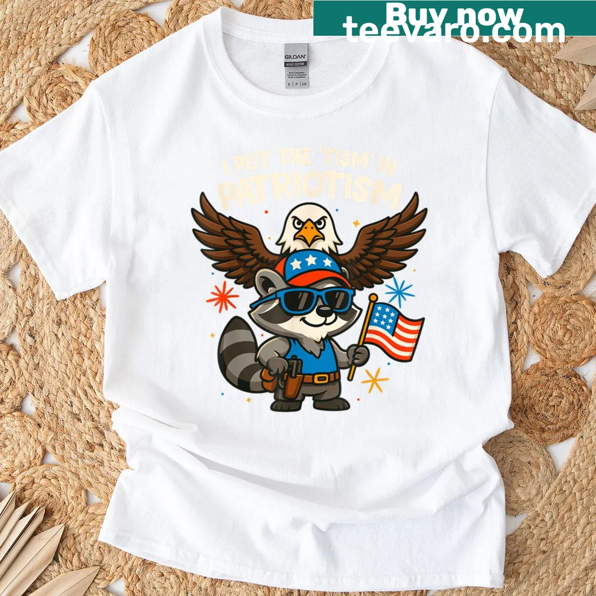 Raccoon and eagle graphic with the phrase about patriotism — on a men's t-shirt