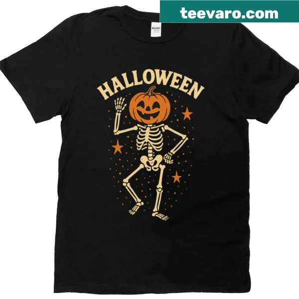 Skeleton and pumpkin design on a retro Halloween T-shirt