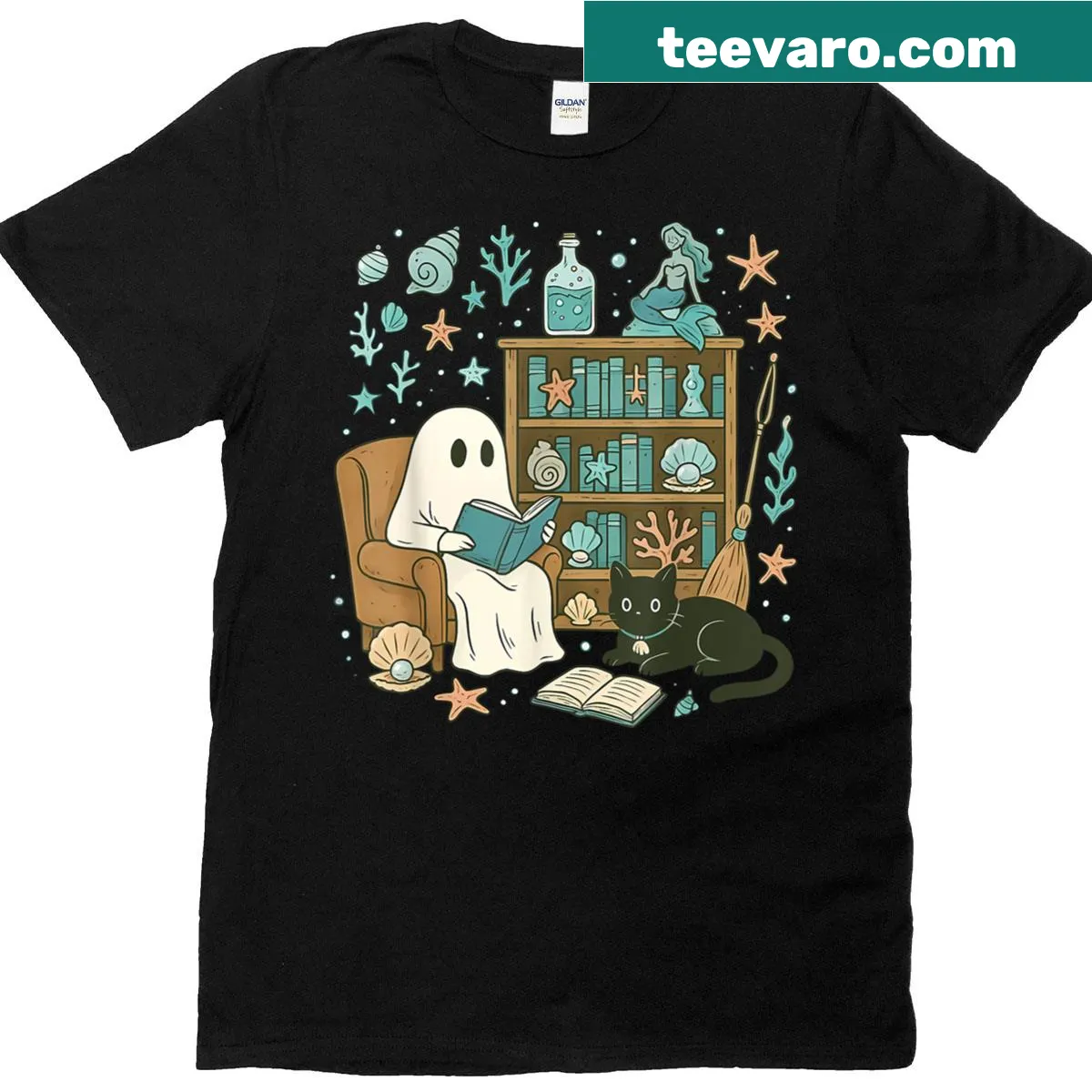 A whimsical ghost with books and ocean elements on a Halloween t-shirt — on a men's t-shirt