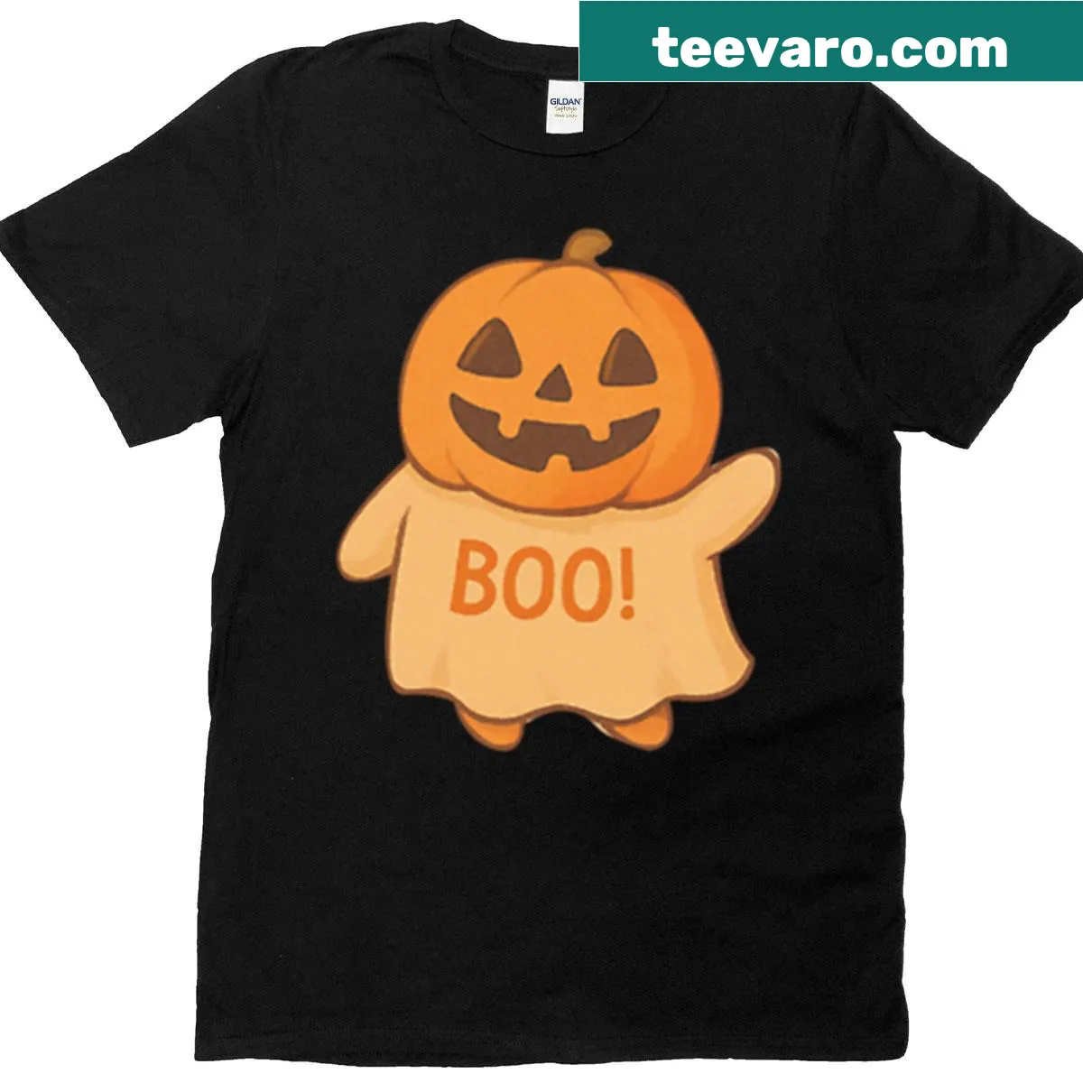 Whimsical Ghost Pumpkin Head t-shirt featuring a pumpkin with a ghost sheet — on a men's t-shirt