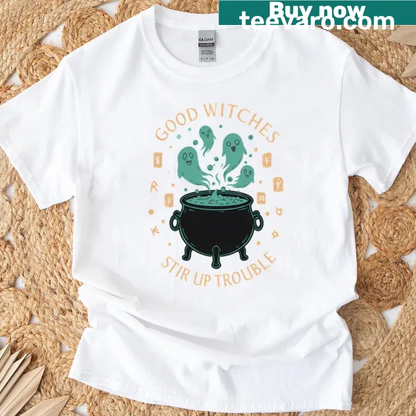 Whimsical witches cauldron design with ghosts on a t-shirt