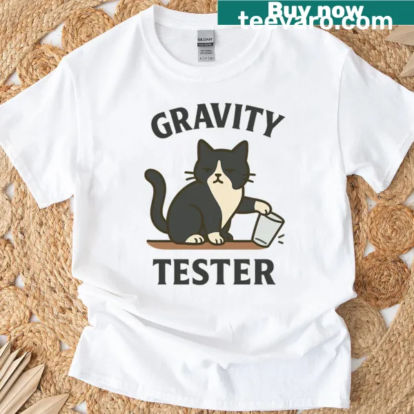 Funny cat design with gravity tester text in black and white