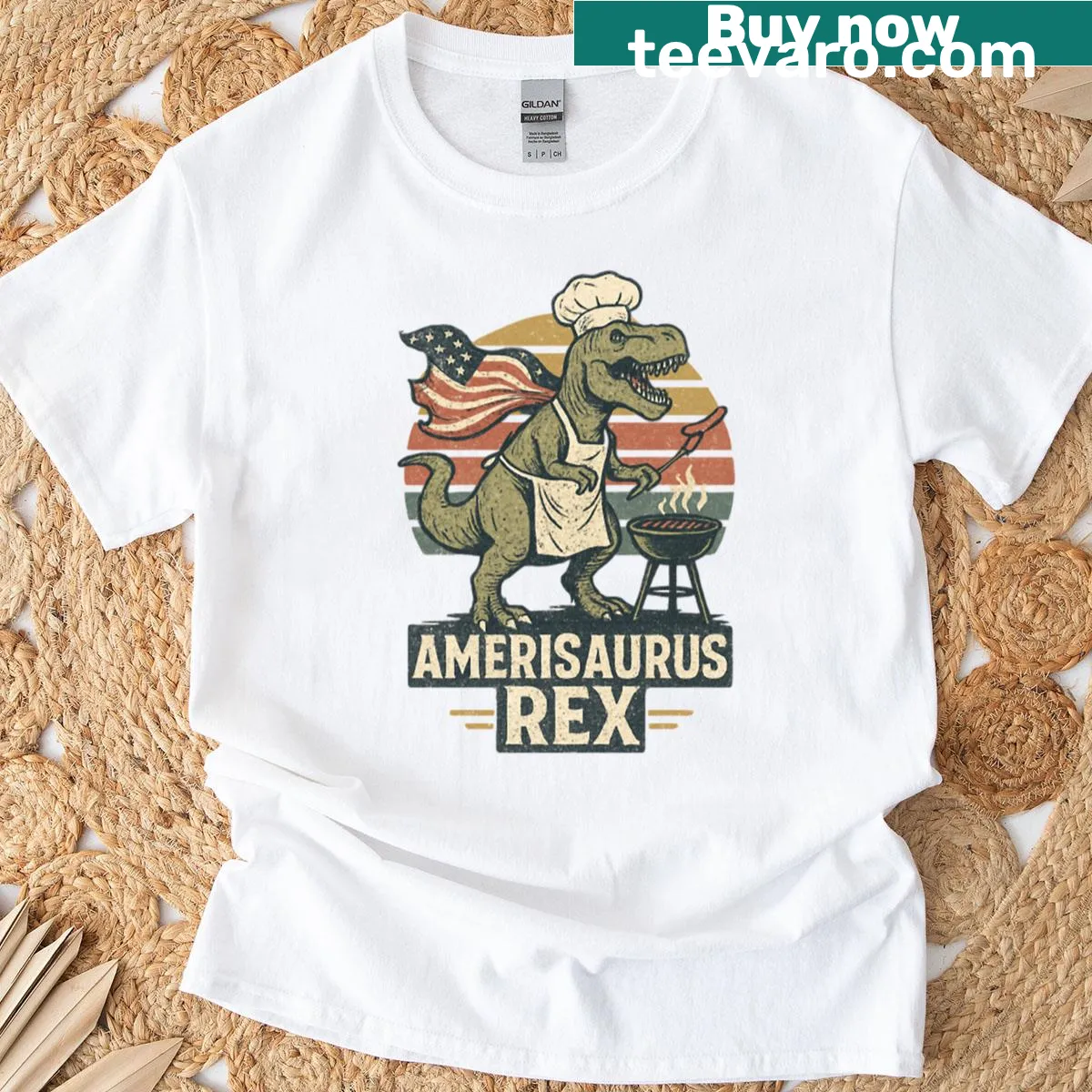 T-rex grill master illustration on oversized t-shirt — on a men's t-shirt