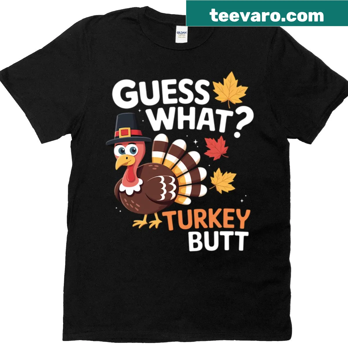 Funny Thanksgiving shirt with the phrase 'Guess What - Turkey.' — on a men's t-shirt