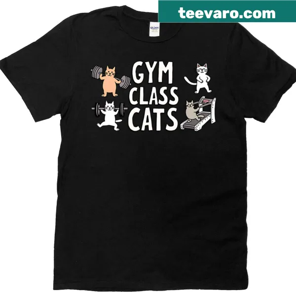 Funny cat-themed T-shirt featuring cats as personal trainers