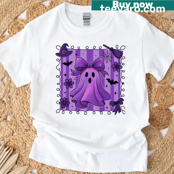 Cute ghost design on Halloween-themed T-shirt