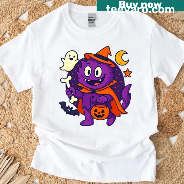 Cute Halloween-themed T-shirt with witchy creature and pumpkin design