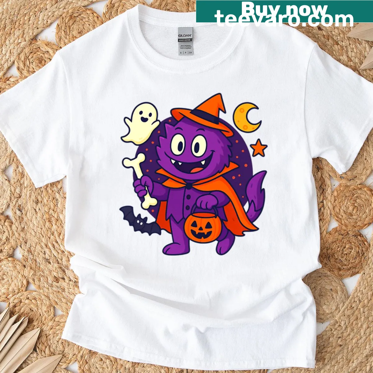 Cute Halloween-themed T-shirt with witchy creature and pumpkin design — on a men's t-shirt