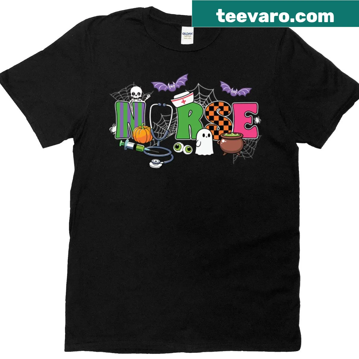 Retro Halloween-themed nurse t-shirt with spooky art — on a men's t-shirt