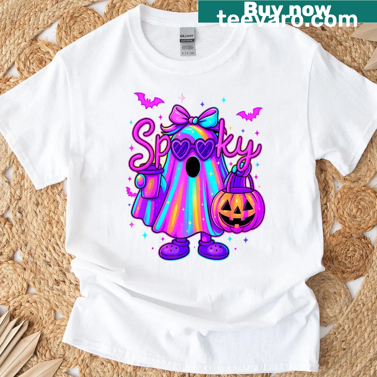 Cute ghost girl and pumpkins graphic on Halloween T-shirt — on a men's t-shirt