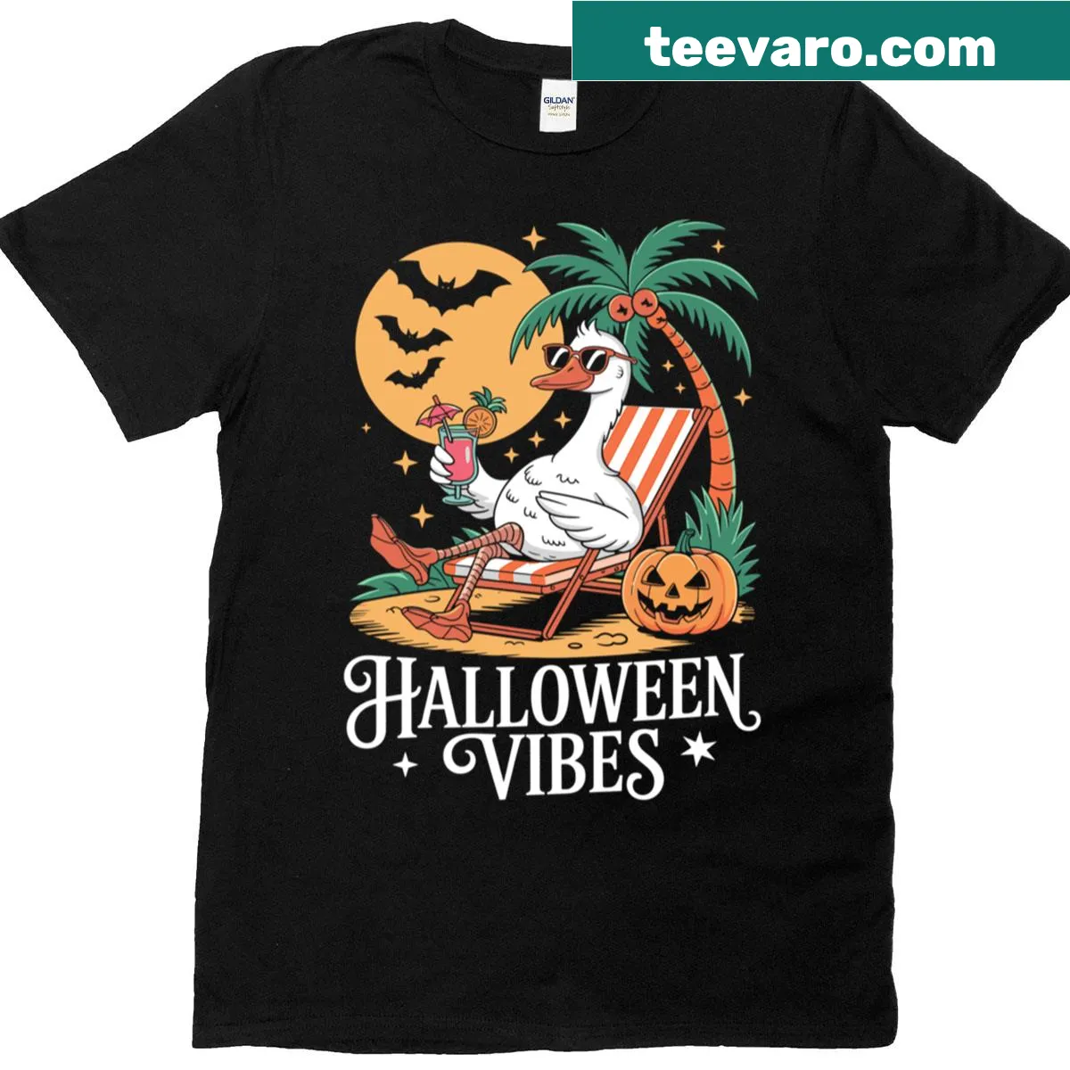 T-shirt with a goose in beach chair and pumpkins for Halloween — on a men's t-shirt