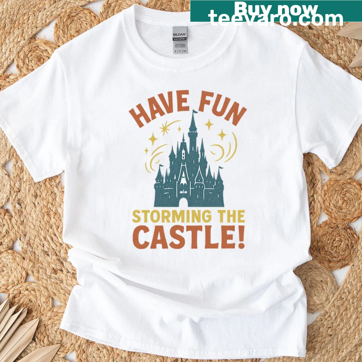 Whimsical Adventure Tee featuring 'Have Fun Storming The Castle' text — on a men's t-shirt