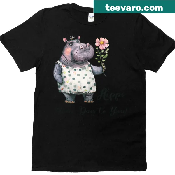 Cute hippo illustration with a pink flower for kids.
