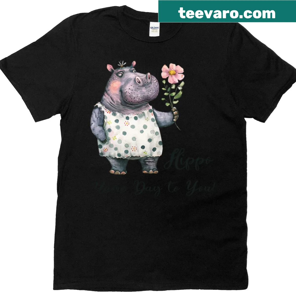 Cute hippo illustration with a pink flower for kids. — on a men's t-shirt