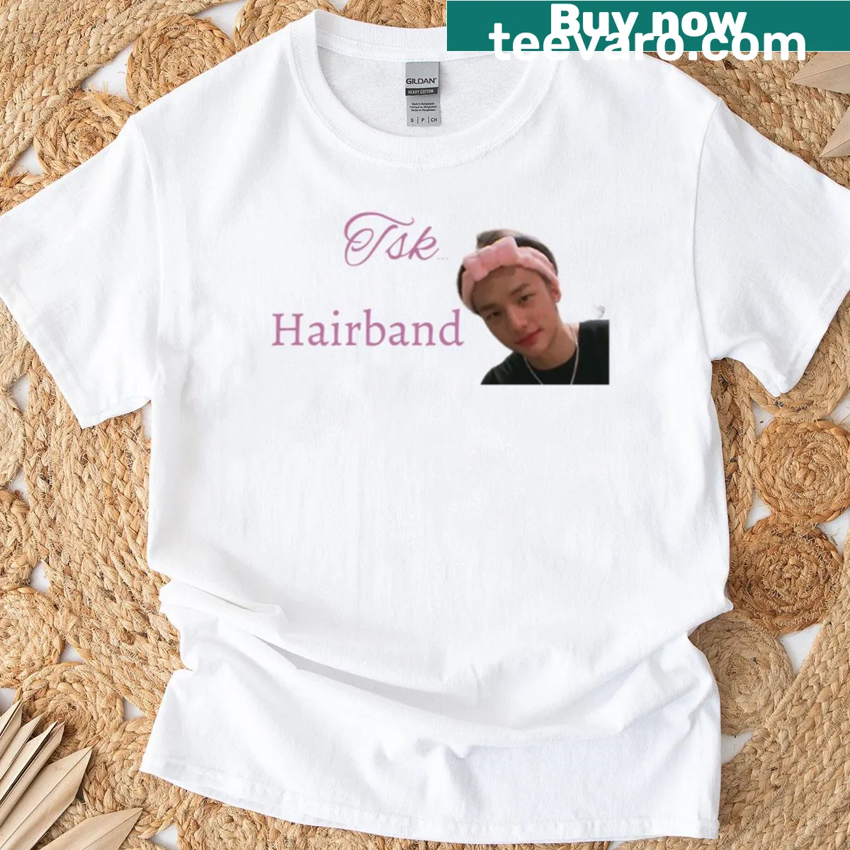 Funny Hyunjin Stray Kids meme t-shirt with hairband cartoon design — on a men's t-shirt