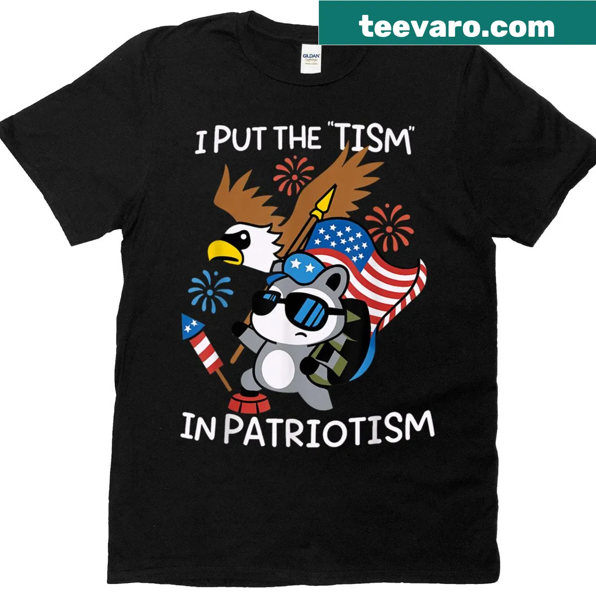 Funny t-shirt with a raccoon and eagle design showcasing 'I Put The Tism In Patriotism'. — on a men's t-shirt