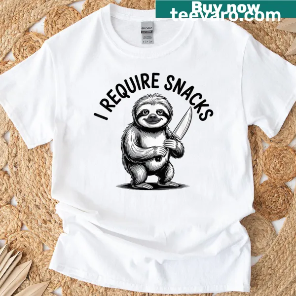 Funny sloth t-shirt with snacks and the text 'I Require Snacks'