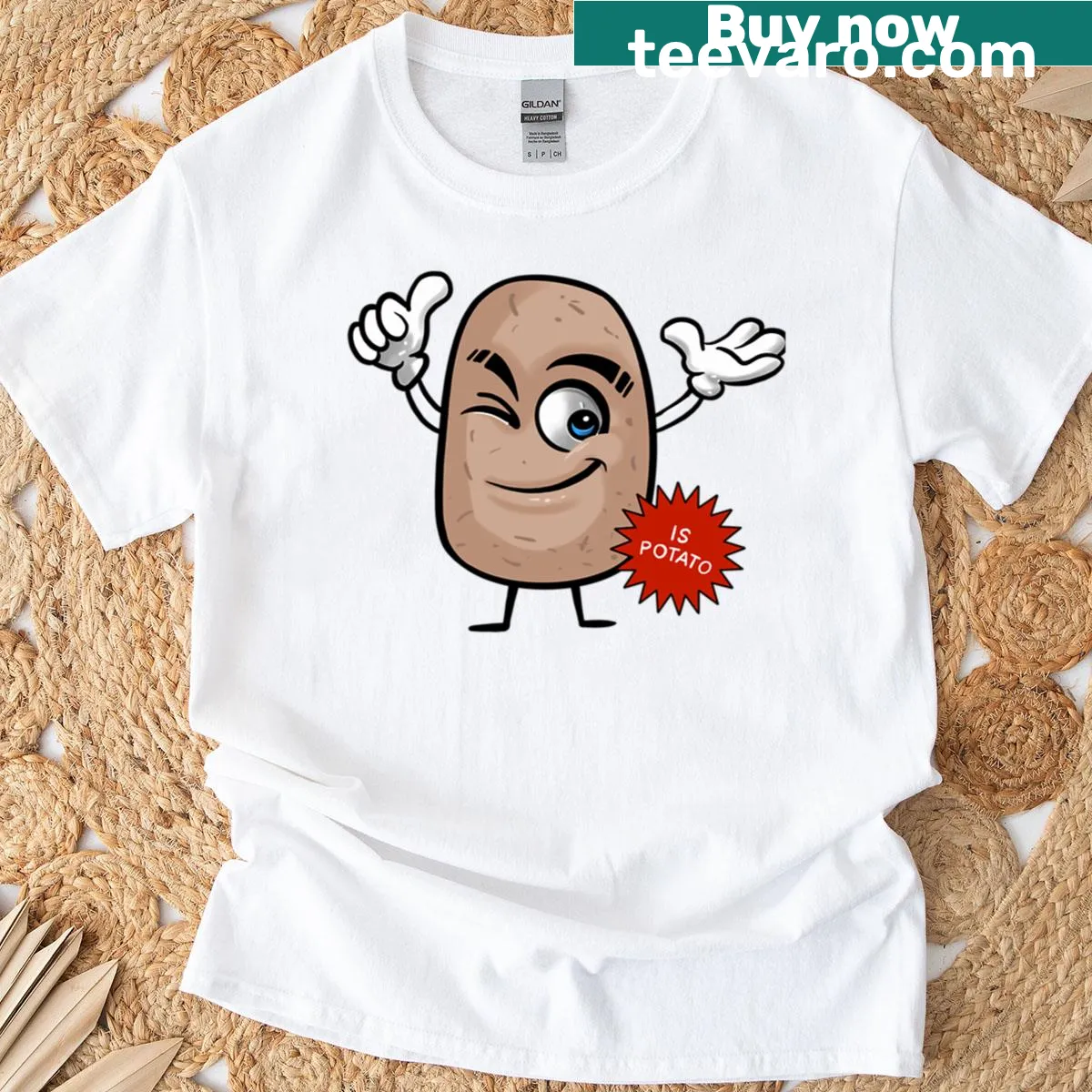 Humorous t-shirt with the phrase Is Potato Colbert — on a men's t-shirt