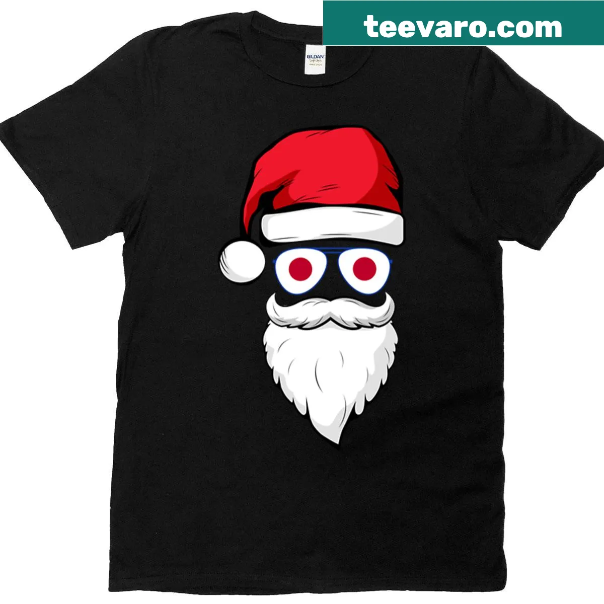 Funny Santa with Japan flag sunglasses on oversized t-shirt — on a men's t-shirt