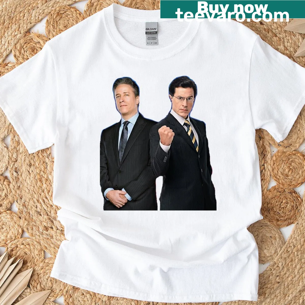 T-shirt featuring Jon Stewart and Stephen Colbert names in a humorous design — on a men's t-shirt