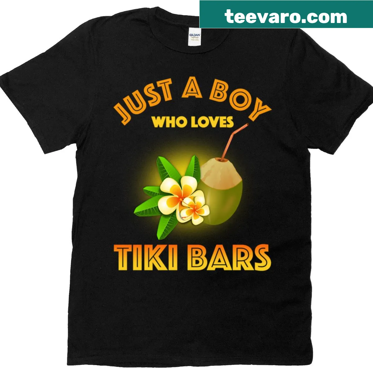 Illustration of a boy enjoying tiki bars on a T-shirt — on a men's t-shirt