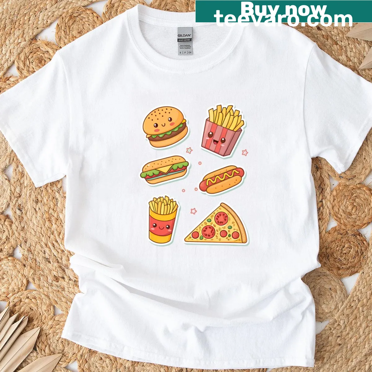 Cute T-shirt with fast food illustrations including burgers and fries — on a men's t-shirt