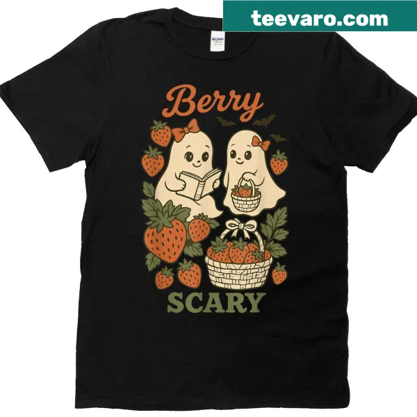 Cute Halloween T-shirt with kawaii ghosts and strawberries design for girls.