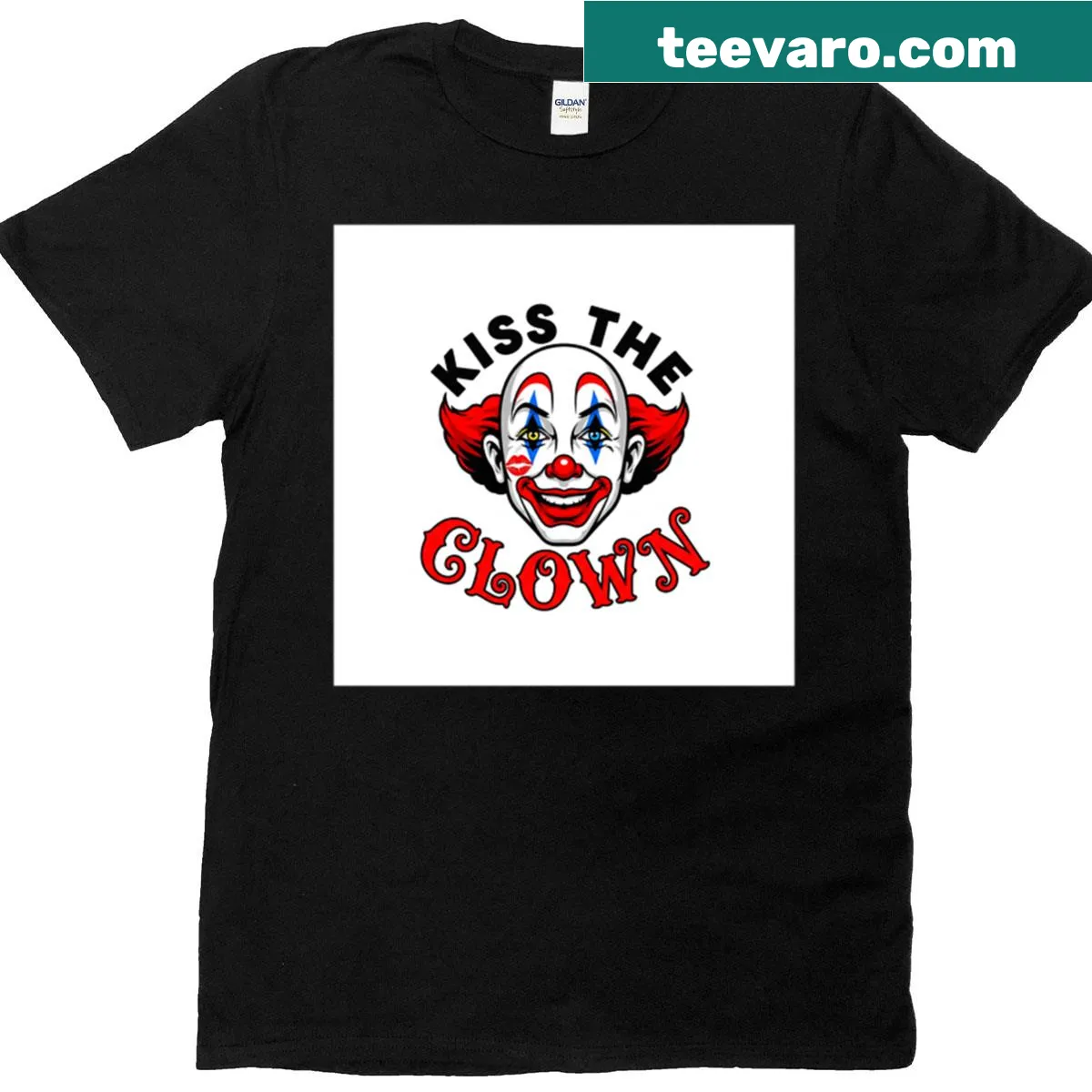 Bold illustration of a clown with the phrase 'Kiss The Clown' on a t-shirt — on a men's t-shirt