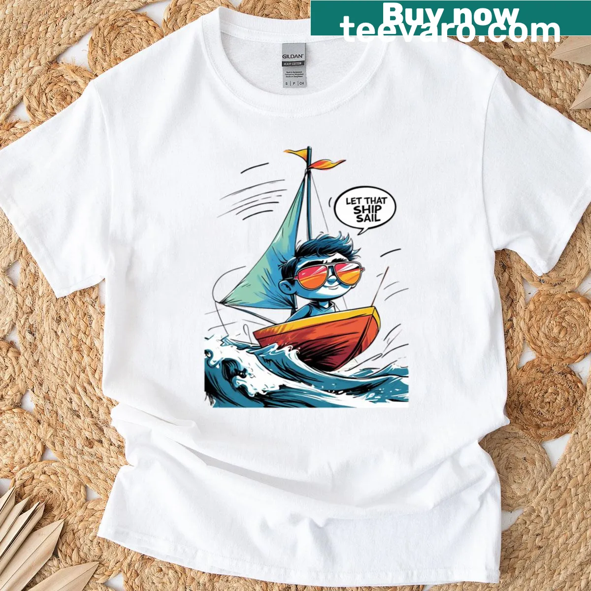 Sassy boat cartoon T-shirt with 'Let That Ship Sail' text — on a men's t-shirt
